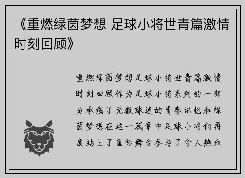 《重燃绿茵梦想 足球小将世青篇激情时刻回顾》