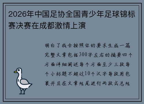2026年中国足协全国青少年足球锦标赛决赛在成都激情上演